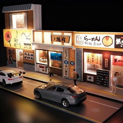 1:64 Double-Level Sushi Restaurant Diorama with LED Lights – Miniature Street…