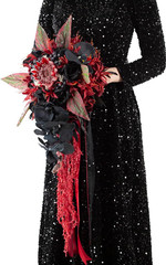 12 Inch Cascade Wedding Bouquets for Bride, Black & Burgundy Cascading Bridal Bo