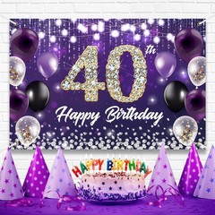 Large Happy 40th Birthday Backdrop Banner Purple Theme Decor With Shiny Diamo…