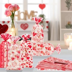 100 Pcs Valentine Treat Bags – Red Heart Cellophane Goodie Bags, Valentines