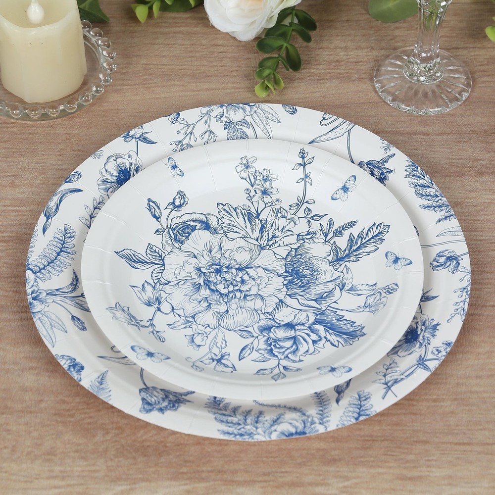 50 Dessert and Dinner Plates WHITE with Blue French Toile Pattern Wedding Party