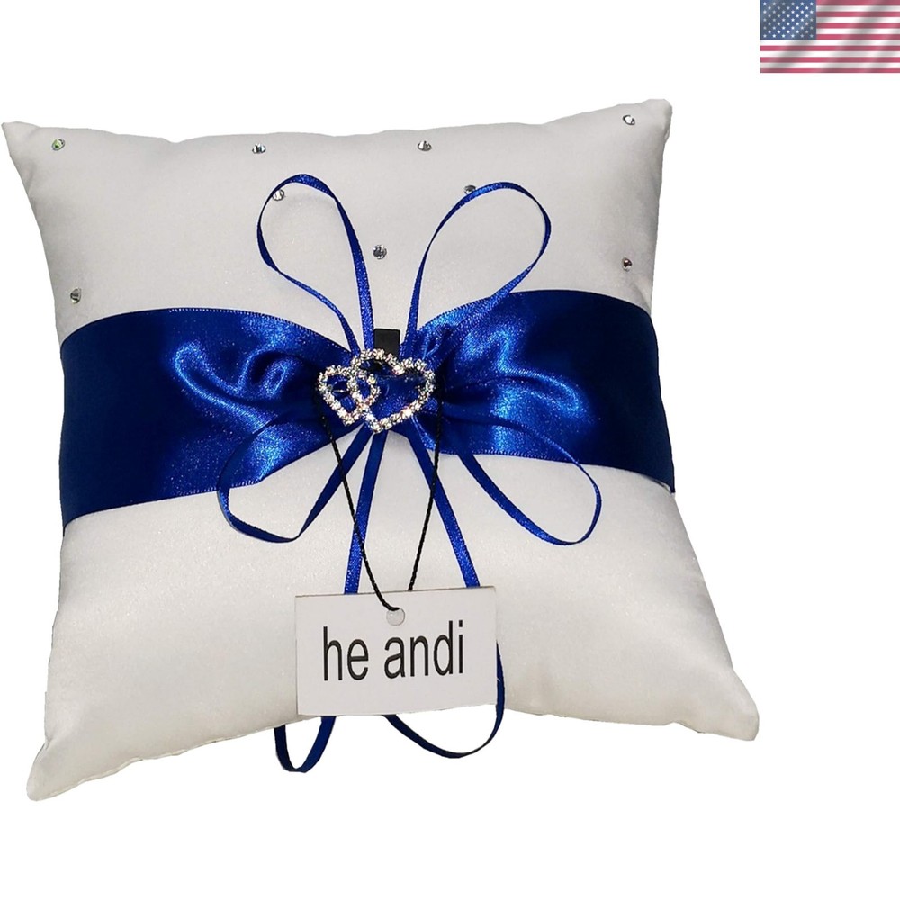 7.8″ Satin Double Hearts Decoration Wedding Ring Bearer Pillow Blue