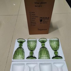 Green Wine Glasses set of 4 Vintage Glassware Drinking Water Goblets 10 OZ Co…