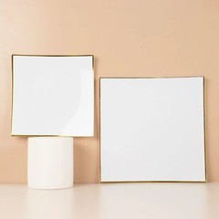 10 WHITE 8″ Square Concave Plastic Salad Dinner PLATES Gold Rim Party Events