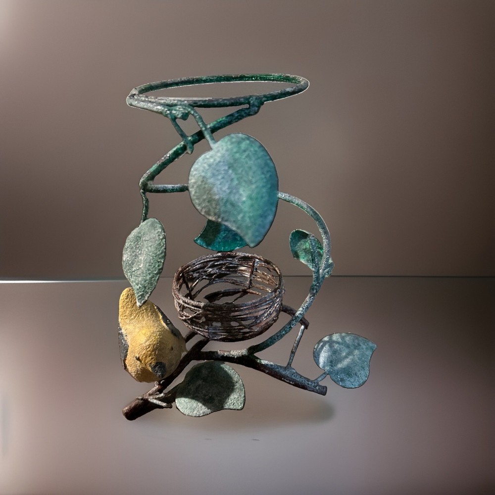 Metal Leaves And Yellow Bird Candle Holder Stand