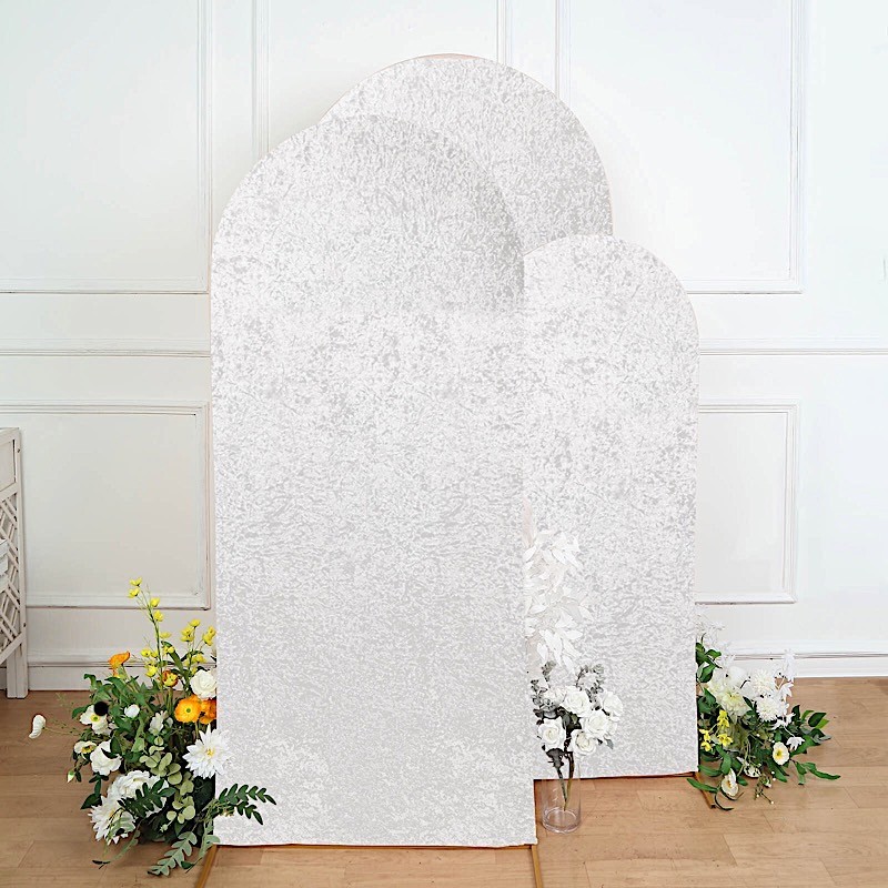 3 WHITE Crushed Velvet Round Top Wedding Arch Backdrop STAND COVERS Set Party