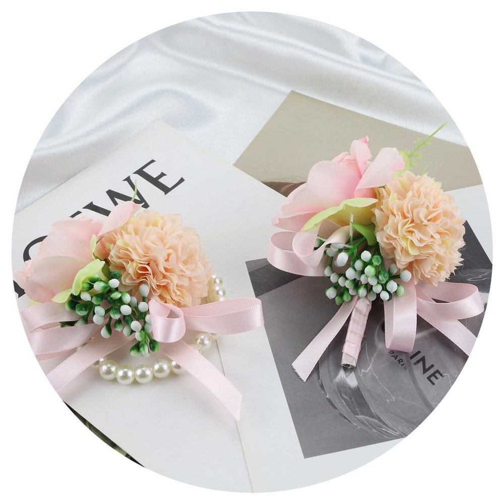 Pink Corsage and Boutonniere Set Rose Silk Wrist Corsage for Prom Wedding Bri…