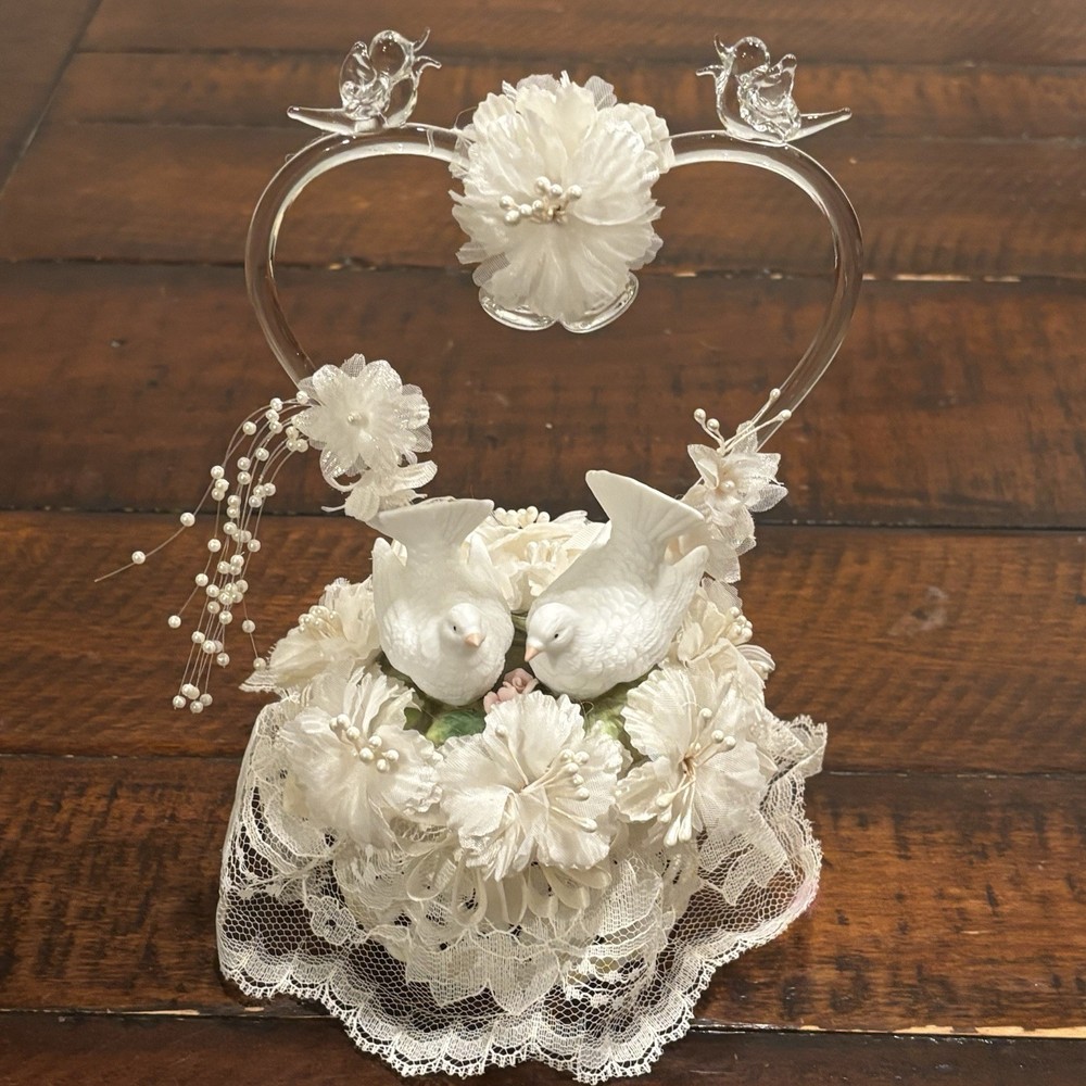 Vintage Wedding Cake Topper Acrylic Heart Birds Doves Floral Lace 9”