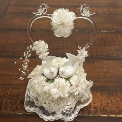 Vintage Wedding Cake Topper Acrylic Heart Birds Doves Floral Lace 9”