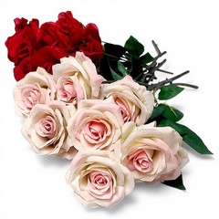 11pc Total Pink & Creamy White Roses Flowers 9 Singles 15″/ Red 2 Bunches 12″