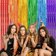 2 Pack Rainbow Foil Fringe Curtains, 3.3×6.6 Ft Metallic Tinsel Backdrop Part…
