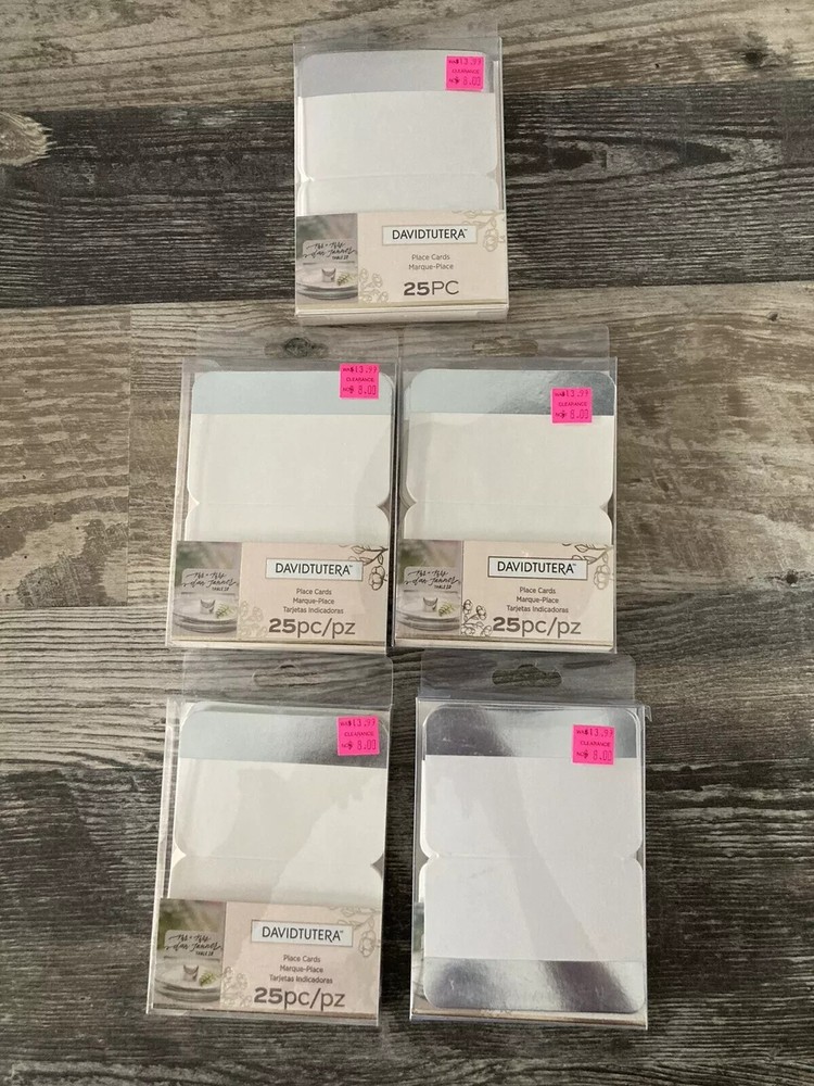 (x5) DavidTutera, Place-Cards, White & Silver, 25 pieces each