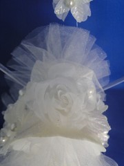 New Elegant Wedding Caketop, white bell, shimmer white floral, heart back #251