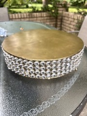 13” Crystal Beaded Round Gold Cake Stand Elegant Wedding Centerpiece Tray 3” Hi