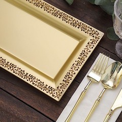 Gold 4 Plastic 14″ Rectangle Serving Trays Lace Print Rim Design Party Events