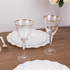 6 CLEAR GOLD Wine Goblet Glasses 9oz Rimmed Design with Long Beaded Stem Party