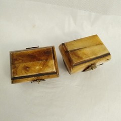 Vintage Wedding Ring Box Pair Carved Bovine Ox Bone Brass Trinket Chest Set 2pc