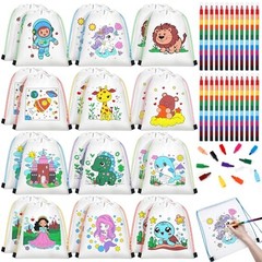 Dansydaisy 24 Set Drawstring Backpacks Bulk with 24 Stackable Crayons Colorable