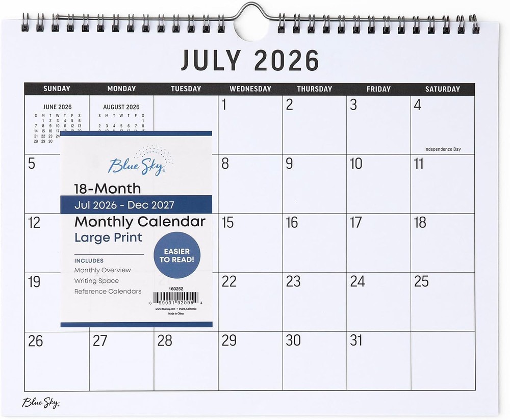 Blue Sky 2026-2027 18 Month Large Print Monthly Academic Year Wall Calendar, Jul
