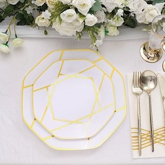 10 WHITE GOLD 10″ Octagon DISPOSABLE DINNER PLATES Geometric Party Tableware
