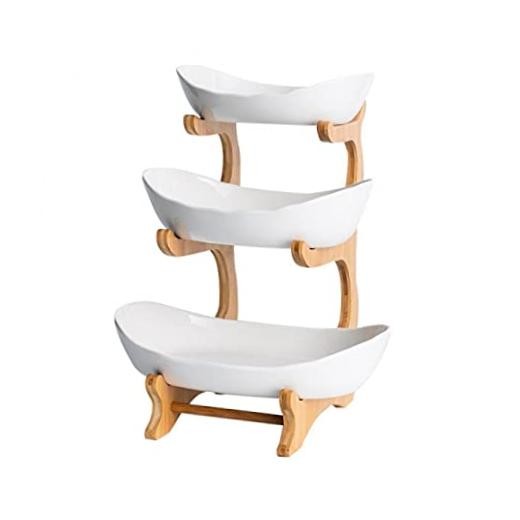 3 Tier Fruit Bowl With Bamboo Stand for Kitchen Counter,Ceramic white porcelain