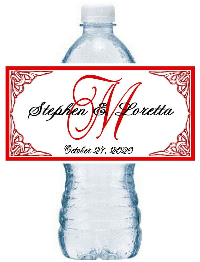 20 RED MONOGRAM WEDDING FAVORS WATER BOTTLE LABELS Waterproof Ink