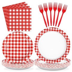 96 Pcs Red Gingham Party Decorations Red and White Buffalo Checked BBQ Kit