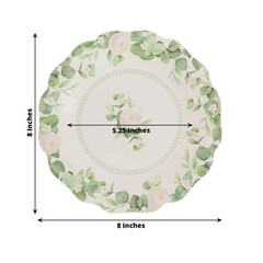 25 White Green Floral Greenery Dessert Paper Plates with Scalloped Edge