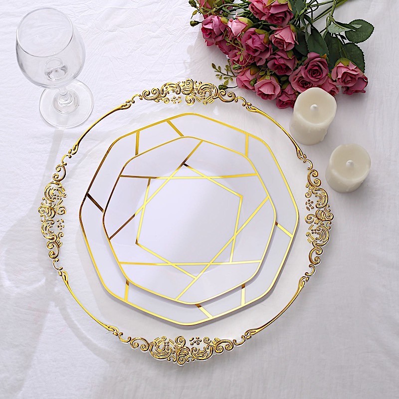 10 WHITE GOLD 10″ Octagon DISPOSABLE DINNER PLATES Geometric Party Tableware