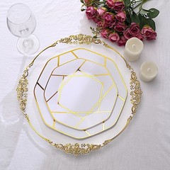 10 WHITE GOLD 10″ Octagon DISPOSABLE DINNER PLATES Geometric Party Tableware
