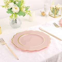 10 BLUSH 8″ Baroque PLASTIC DESSERT PLATES with Gold Rim Party Event Decorations