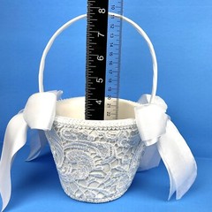 White Flower Girl Wedding Small Basket Lace~Padded~Ribbons Special Occasion