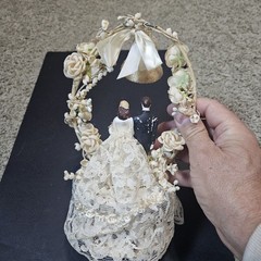 Vintage Wedding Cake Topper: Fabric Flowers, lace, plastic