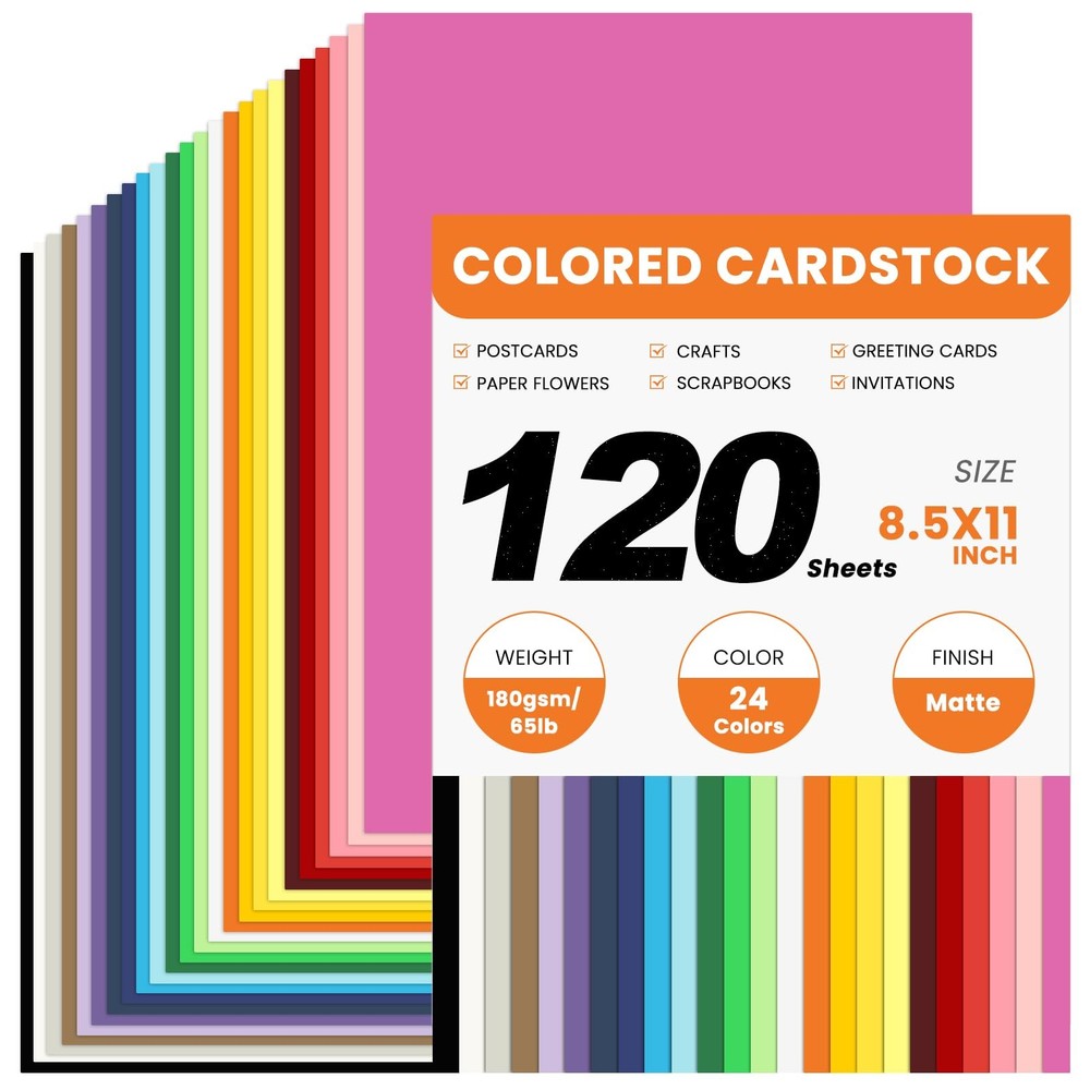 120 Sheets Colored CardStock, 180gsm/65lb 24 120 Sheets-24 Colors, Multicolor