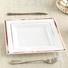 Plastic White 10″ Square Plates Rose Gold Rim Disposable Party Wedding TABLEWARE