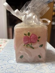 Pink Roses Square Candle Gift Wrapped With White Ribbon Rare Unscented New