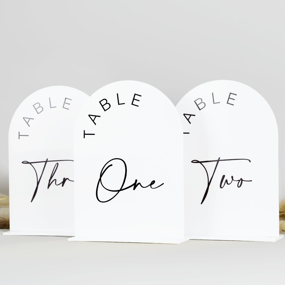 Arched Table Numbers 1-10, 5×7 Inch, White Acrylic, Black Lettering, Stands