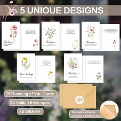 25 Funeral Thank You Cards with Envelopes, 5 Designs, 4x6in Watercolor Wildfl…