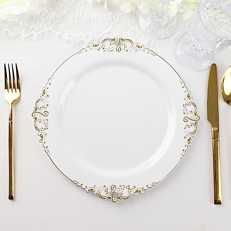 10 WHITE GOLD 10″ Round Plastic Salad Dinner PLATES Embossed Baroque Rim Party