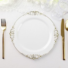 10 WHITE GOLD 10″ Round Plastic Salad Dinner PLATES Embossed Baroque Rim Party
