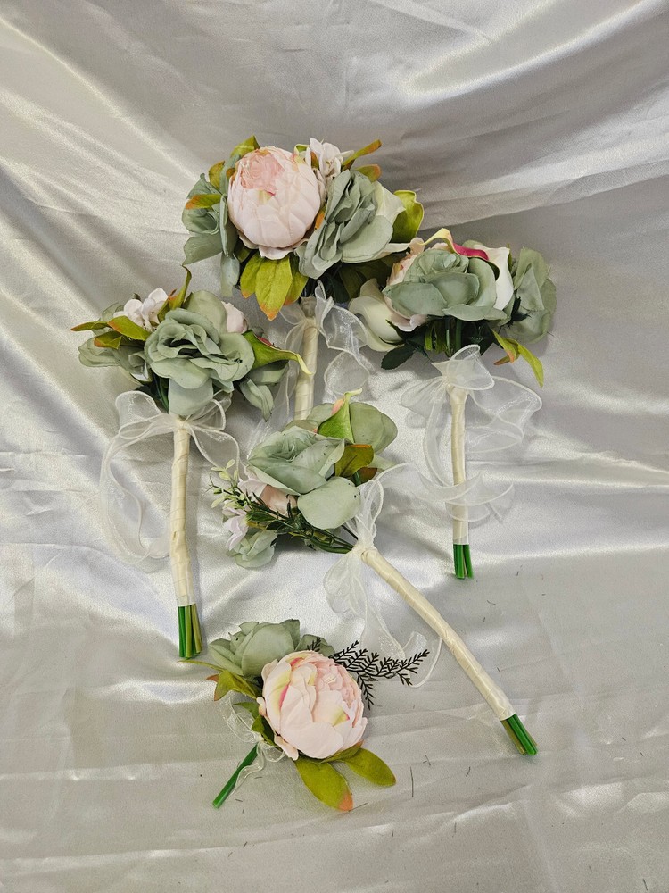 Pink, Cream, Green, Wedding Bouquet Set, Vintage Romantic Wedding Package