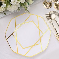 10 WHITE GOLD 10″ Octagon DISPOSABLE DINNER PLATES Geometric Party Tableware