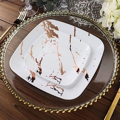 10 WHITE ROSE GOLD Square Metallic Marble Plastic Salad DINNER PLATES Party