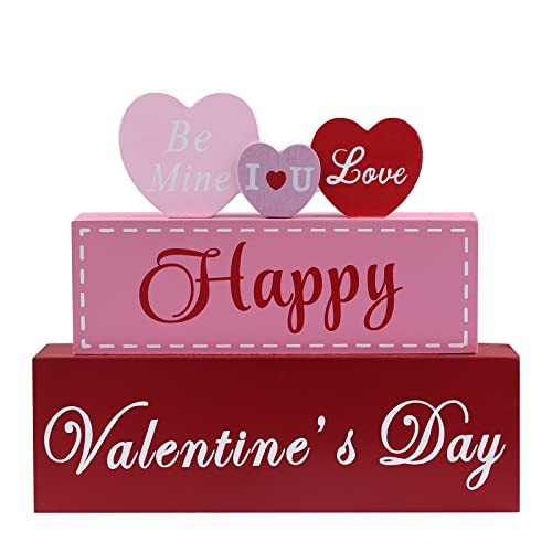 Valentines Day Decor, 3-Layered Pink Red Heart Wood Block Set Color B