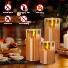 Flickering Flameless Candles with Remote,4″, 5″, 6″ x 3″ Diameter Glass Brown