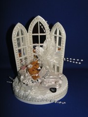 New Chapel Mirror Windows Wedding Caketop with Teddy Bear Couple White Car #192