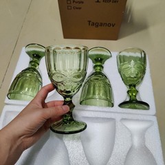 Green Wine Glasses set of 4 Vintage Glassware Drinking Water Goblets 10 OZ Co…