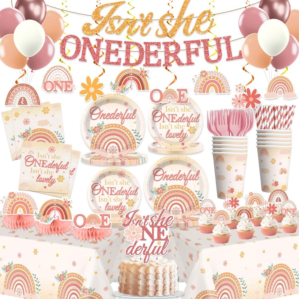 193pcs Isn’t She Onederful Birthday Decorations Tableware Complete Party Set,…