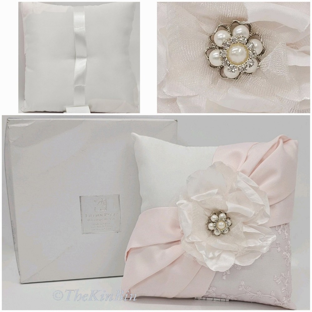 Lillian Rose White Ring Pillow Blush Sash Satin 7″ Square Silver Rhinestones NOS