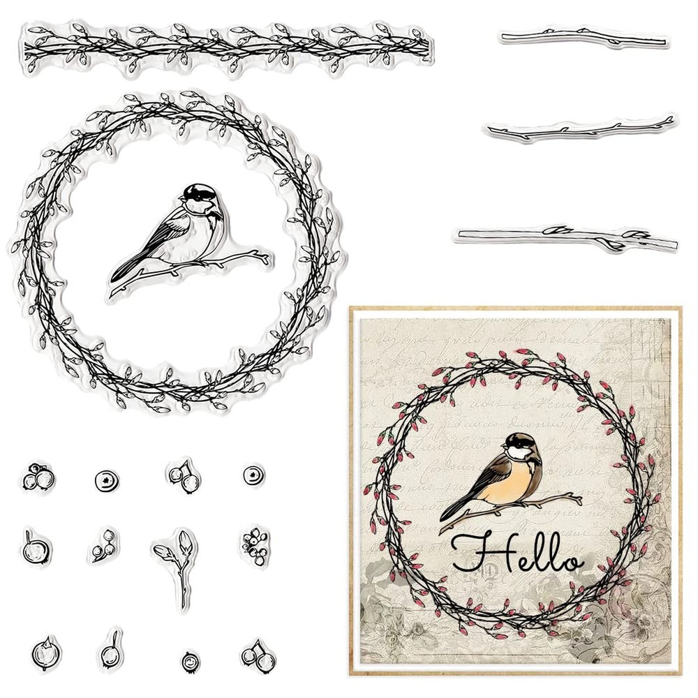 Estivaux Fall Flowers Wreath Birds Clear Stamps for Card Making and Journalin…